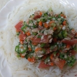 サケの水煮缶詰で簡単、夏野菜たっぷり冷製パスタ